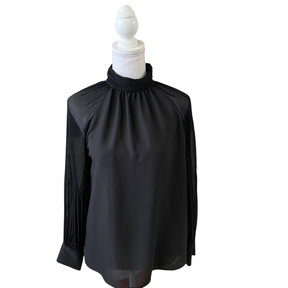 Zara XS Black Sheer Pleated Long Sleeve Blouse High Neck Elegant Night Out Top